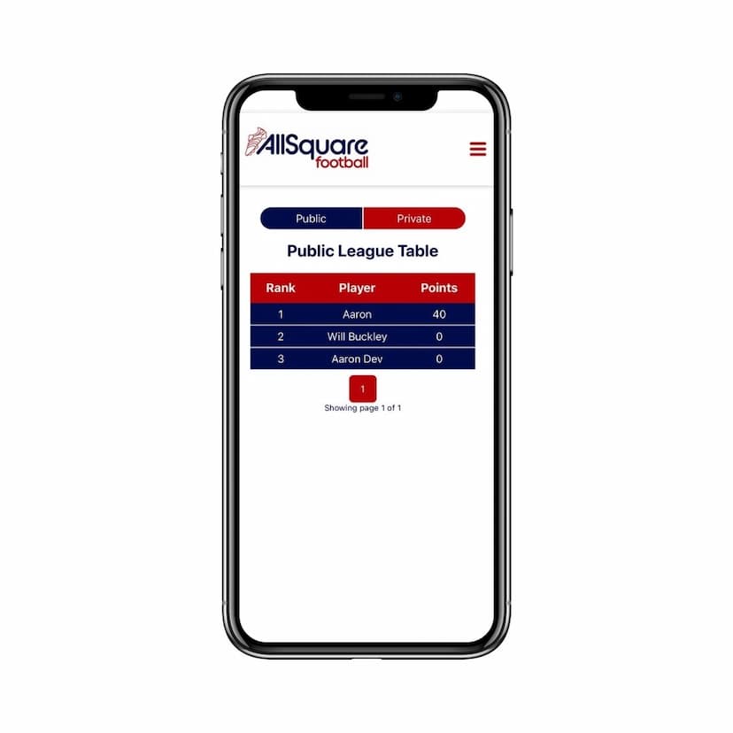 Mock up mobile phone showing example of the websites content on the private leagues page